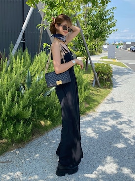 「アイテム（つなぎ/オールインワン、ブラック系）」を使った、Akaneさん（レディース・163cm）の夏コーディネート