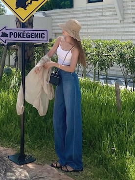 「むぎわら帽子」｜「アイテム（ブルゾン）」を使った、Akaneさん（レディース・163cm）の夏コーディネート