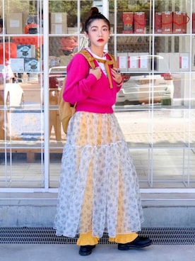 「BEAMS BOY（ビームスボーイ）のアイテム（チノパンツ、イエロー系）」を使った、yukaさん（レディース・153cm）の冬コーディネート