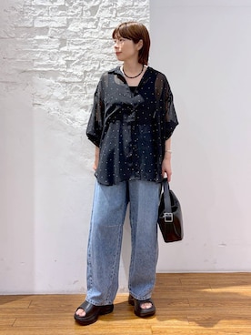 「LEPSIM（レプシィム）のダブルフラップバッグ　645550（ショルダーバッグ、ブラック系）」を使った、mayaさん（レディース・158cm）の夏コーディネート