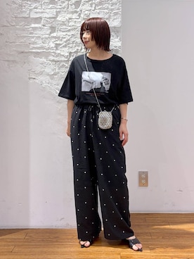 「LEPSIM（レプシィム）のドット刺繍パンツ　646561（その他パンツ、ブラック系）」を使った、mayaさん（レディース・158cm）の夏コーディネート