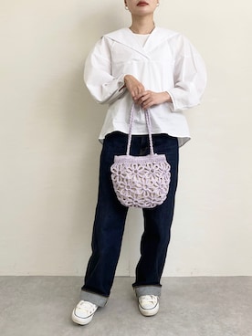 「アイテム（かごバッグ、パープル系）」を使った、ユタニさん（レディース・163cm）の春コーディネート