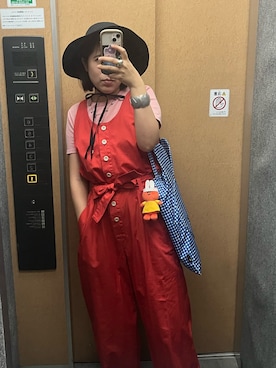 「アイテム（つなぎ/オールインワン、レッド系）」を使った、nkさん（レディース・157cm）の夏コーディネート