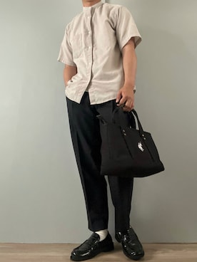 「ノーカラーシャツ」｜「アイテム（スラックス）」を使った、kasago/Instagramも見てねさん（メンズ・165cm）の夏コーディネート