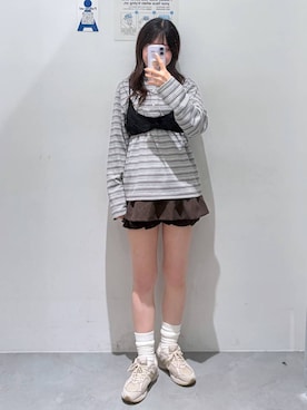 「ALAND（エーランド）の【UNISEX】ALAND／ボーダーヘンリーロングスリーブ（Tシャツ/カットソー、グレー系）」を使った、okuyuさん（レディース・154cm）の秋コーディネート