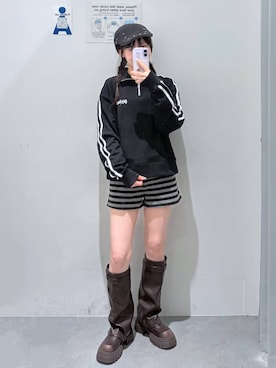 「3.3 Field Trip （3.3フィールドトリップ）の【セットアップ着用可能】3.3 Field Trip／ボーダーショートパンツ（その他パンツ、グレー系）」を使った、okuyuさん（レディース・154cm）の秋コーディネート