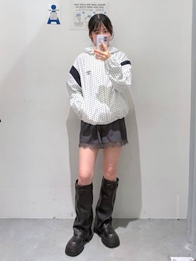 「ALAND（エーランド）の【UNISEX】ALAND×UMBRO／ドット切り替えナイロンブルゾン（ナイロンジャケット、ホワイト系）」を使った、okuyuさん（レディース・154cm）の秋コーディネート