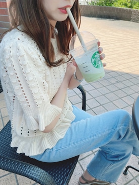 「韓国通販(MERONGshopかな？)のアイテム（ニット/セーター、ベージュ系）」を使った、ERI✯さん（レディース・158cm）の夏コーディネート