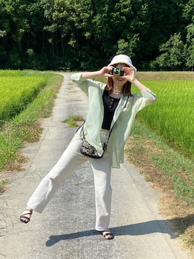 「しまむら（シマムラ）のアイテム（シャツ/ブラウス、グリーン系）」を使った、Broccoliさん（レディース・158cm）の夏コーディネート