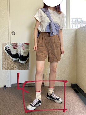 「mellow neonのアイテム（パンツ、ベージュ系）」を使った、Broccoliさん（レディース・158cm）の夏コーディネート