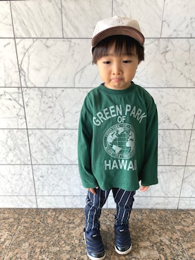 「moimoln（モイモルン）のアイテム（トップス）」を使った、aokomuさん（キッズ・90cm）の秋コーディネート