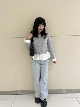 「FREE'S MART（フリーズマート）の◇【累計販売6万本突破！選べる6色】【4サイズ展開XS-L] ベーシックワイドデニムパンツ【低身長サイズ有】【Lサイズ有】（デニムパンツ、ブルー系）」を使った、tsubomi0901さん（レディース・144cm）の春コーディネート
