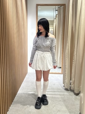 「FREE'S MART（フリーズマート）の◆インナーパンツ付バルーンミニスカート（スカート、ホワイト系）」を使った、tsubomi0901さん（レディース・144cm）の春コーディネート