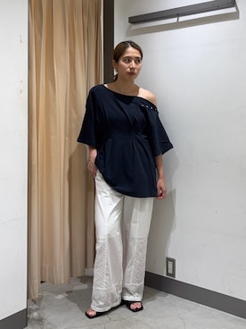 「KBF（ケイビーエフ）のスナップショルダールーズTEE（Tシャツ/カットソー、ブルー系）」を使った、chihiroさん（レディース・158cm）の夏コーディネート