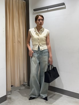 「KBF（ケイビーエフ）のWIDEレッグアジャストデニム（デニムパンツ、ブルー系）」を使った、chihiroさん（レディース・158cm）の春コーディネート