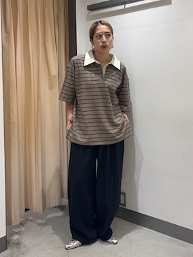 「KBF（ケイビーエフ）のパイルボーダーラガーTEE（Tシャツ/カットソー、グレー系）」を使った、chihiroさん（レディース・158cm）の夏コーディネート