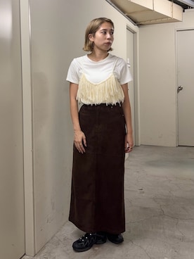 「KBF（ケイビーエフ）のピーチスキンナロースカート（スカート、ブラウン系）」を使った、chihiroさん（レディース・158cm）の夏コーディネート