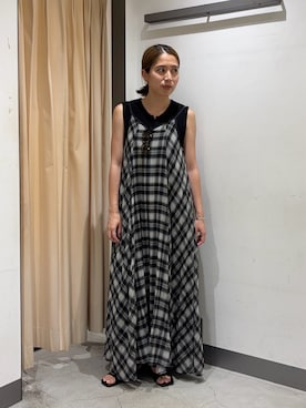 「KBF（ケイビーエフ）のチェックプリーツキャミワンピース（ワンピース、ブラック系）」を使った、chihiroさん（レディース・158cm）の夏コーディネート