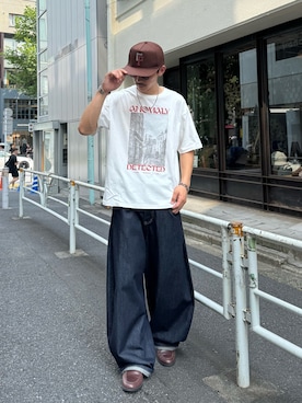 「CIAOPANIC（チャオパニック）の【cian denim/シアンデニム】バギーワイドデニム（デニムパンツ、ブルー系）」を使った、Shota Matsuokaさん（メンズ・180cm）の夏コーディネート