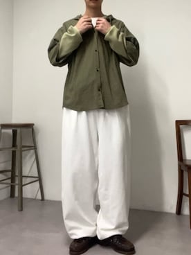 「CIAOPANIC（チャオパニック）のワッフル袖切替ルーズシャツパーカー（シャツ/ブラウス、グリーン系）」を使った、Shota Matsuokaさん（メンズ・180cm）の冬コーディネート