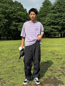 「CIAOPANIC（チャオパニック）の【ユニセックス】ドローコード付ボーダーTシャツ（Tシャツ/カットソー）」を使った、Shota Matsuokaさん（メンズ・180cm）の春コーディネート