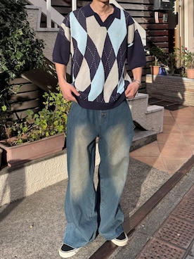 「CIAOPANIC（チャオパニック）のアーガイルスキッパーサマーニットポロシャツ（ポロシャツ、ブルー系）」を使った、Shota Matsuokaさん（メンズ・180cm）の春コーディネート