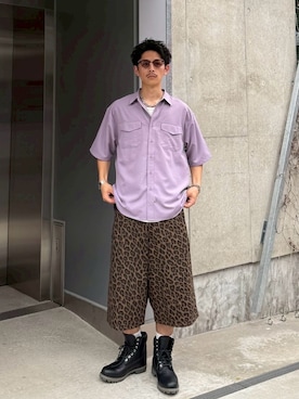 「CIAOPANIC（チャオパニック）のハーフスリーブレーヨンタッチシャツ（シャツ/ブラウス、パープル系）」を使った、Shota Matsuokaさん（メンズ・180cm）の夏コーディネート