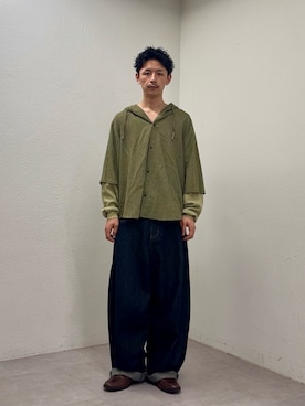 「CIAOPANIC（チャオパニック）のワッフル袖切替ルーズシャツパーカー（シャツ/ブラウス、グリーン系）」を使った、Shota Matsuokaさん（メンズ・180cm）の春コーディネート