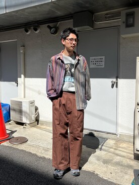 「CIAOPANIC（チャオパニック）の【ユニセックス】クレイジーパターンレースシャツ（シャツ/ブラウス）」を使った、Shota Matsuokaさん（メンズ・180cm）の春コーディネート