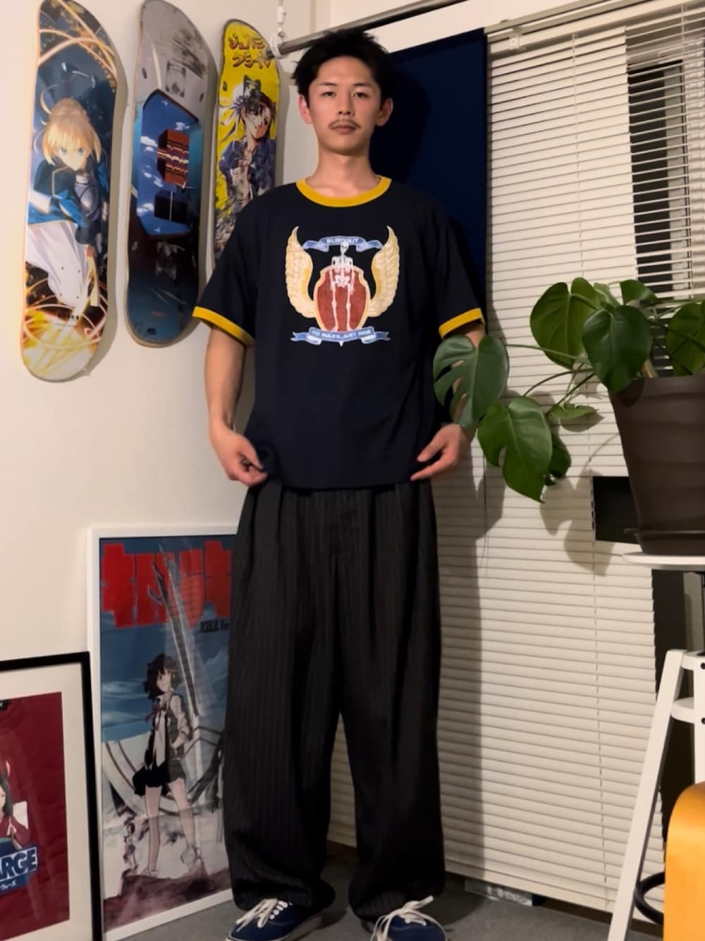 「CIAOPANICのアソートプリントリンガーTシャツ（Tシャツ/カットソー、イエロー系）」を使った、Shota Matsuokaさん（メンズ・180cm）の夏コーディネートの1枚目の写真