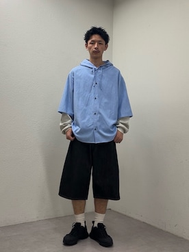 「CIAOPANIC（チャオパニック）のワッフル袖切替ルーズシャツパーカー（シャツ/ブラウス、ブルー系）」を使った、Shota Matsuokaさん（メンズ・180cm）の春コーディネート