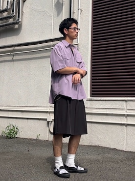 「CIAOPANIC（チャオパニック）のハーフスリーブレーヨンタッチシャツ（シャツ/ブラウス、パープル系）」を使った、Shota Matsuokaさん（メンズ・180cm）の夏コーディネート