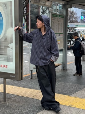 「CIAOPANIC（チャオパニック）のワッフル袖切替ルーズシャツパーカー（シャツ/ブラウス、ブルー系）」を使った、Shota Matsuokaさん（メンズ・180cm）の春コーディネート