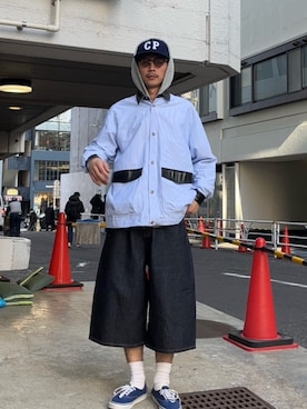 「CIAOPANIC（チャオパニック）のレザー襟切り替えストライプシャツジャケット（テーラードジャケット、ブルー系）」を使った、Shota Matsuokaさん（メンズ・180cm）の春コーディネート