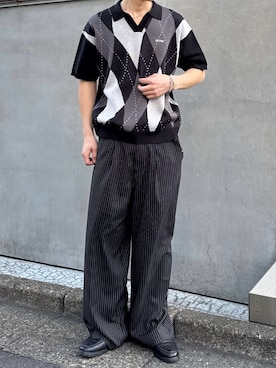 「CIAOPANIC（チャオパニック）のアーガイルスキッパーサマーニットポロシャツ（ポロシャツ、ブラック系）」を使った、Shota Matsuokaさん（メンズ・180cm）の春コーディネート