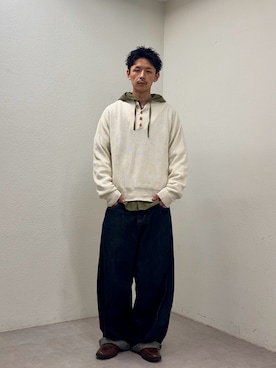 「CIAOPANIC（チャオパニック）のワッフル袖切替ルーズシャツパーカー（シャツ/ブラウス、グリーン系）」を使った、Shota Matsuokaさん（メンズ・180cm）の春コーディネート