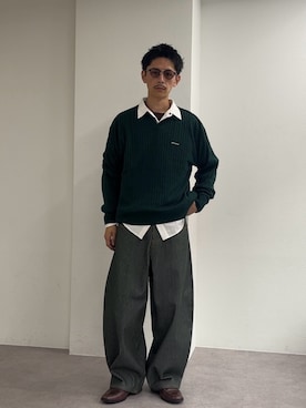 「CIAOPANIC（チャオパニック）のスキッパーケーブルニットポロシャツ（ニット/セーター、グリーン系）」を使った、Shota Matsuokaさん（メンズ・180cm）の秋コーディネート
