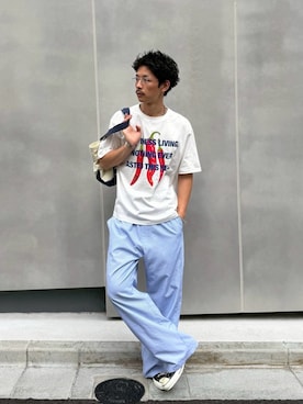 「CIAOPANIC（チャオパニック）のアソートグラフィックTシャツ（Tシャツ/カットソー、ホワイト系）」を使った、Shota Matsuokaさん（メンズ・180cm）の夏コーディネート