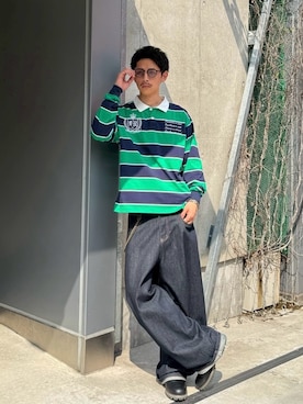 「CIAOPANIC（チャオパニック）のボーダーラガーシャツ（Tシャツ/カットソー、グリーン系）」を使った、Shota Matsuokaさん（メンズ・180cm）の夏コーディネート