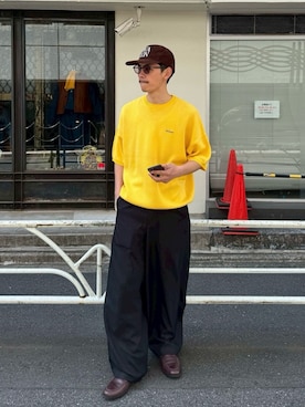 「CIAOPANIC（チャオパニック）のバーズアイサマーニットクルーネックTシャツ（Knitwear、イエロー系）」を使った、Shota Matsuokaさん（メンズ・180cm）の春コーディネート