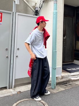 「CIAOPANIC（チャオパニック）の（ボーダー/無地）ヘンリーネックアソートTシャツ（T Shirts、グレー系）」を使った、Shota Matsuokaさん（メンズ・180cm）の春コーディネート