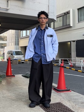 「CIAOPANIC（チャオパニック）のレザー切り替えストライプシャツ（シャツ/ブラウス、ブルー系）」を使った、Shota Matsuokaさん（メンズ・180cm）の春コーディネート