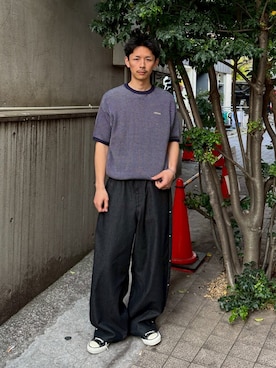 「CIAOPANIC（チャオパニック）のバーズアイサマーニットクルーネックTシャツ（Knitwear、ブルー系）」を使った、Shota Matsuokaさん（メンズ・180cm）の春コーディネート