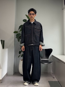 「CIAOPANIC（チャオパニック）の【cian denim/シアンデニム】クロップドデニムジャケット（デニムジャケット、ブルー系）」を使った、Shota Matsuokaさん（メンズ・180cm）の秋コーディネート