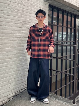 「CIAOPANIC（チャオパニック）のオンブレチェック2WAYシャツ（シャツ/ブラウス、レッド系）」を使った、Shota Matsuokaさん（メンズ・180cm）の秋コーディネート