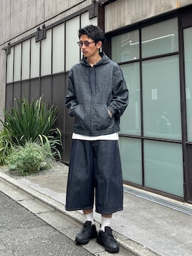 「CIAOPANIC（チャオパニック）の【cian denim/シアンデニム】バギーワイドデニムショーツ/ハーフパンツ（デニムパンツ、ブルー系）」を使った、Shota Matsuokaさん（メンズ・180cm）の夏コーディネート