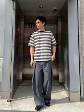 「CIAOPANIC（チャオパニック）のマルチボーダーTシャツ（Tシャツ/カットソー、ブラック系）」を使った、Shota Matsuokaさん（メンズ・180cm）の夏コーディネート