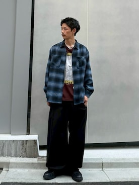 「CIAOPANIC（チャオパニック）のオンブレチェック2WAYシャツ（シャツ/ブラウス、ブルー系）」を使った、Shota Matsuokaさん（メンズ・180cm）の夏コーディネート
