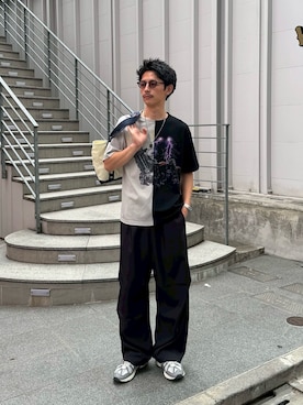 「CIAOPANIC（チャオパニック）のドッキングプリントTシャツ（Tシャツ/カットソー、グレー系）」を使った、Shota Matsuokaさん（メンズ・180cm）の夏コーディネート