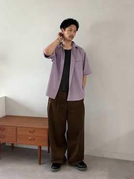「CIAOPANIC（チャオパニック）のハーフスリーブレーヨンタッチシャツ（シャツ/ブラウス、パープル系）」を使った、Shota Matsuokaさん（メンズ・180cm）の夏コーディネート